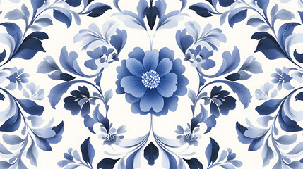 Wall Mural - A blue and white floral pattern with a blue flower in the middle