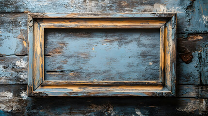 Poster - Vintage wooden frame hanging on a weathered distressed wooden wall backdrop  The frame is empty ready for artwork photographs or other creative displays  The aged
