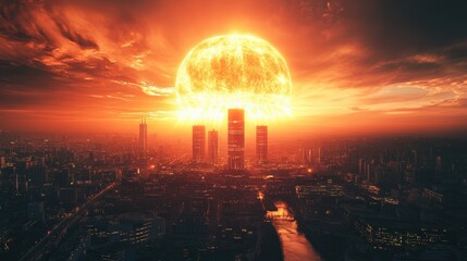 Wall Mural - A city is shown with a large orange sun in the sky