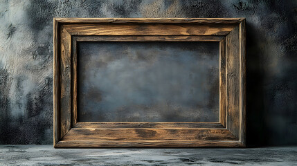 Poster - Vintage wooden frame with a dark grunge textured wall background perfect for graphic presentation photo display and creative layouts  The empty frame provides a versatile canvas for showcasing images
