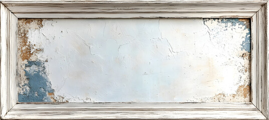 Poster - Vintage wooden frame with a distressed cracked and faded texture hanging on a weathered aged wall background with peeling paint and rustic wood boards  The empty frame provides a blank