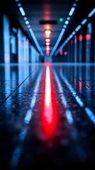 Poster - Futuristic corridor with red and blue neon lights reflecting on wet floor creating dramatic perspective and modern cyberpunk atmosphere for technology concepts.