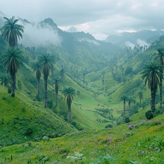 Canvas Print - Stunning view of lush green valley with tall palm trees in misty tropical landscape, featuring vibrant hills and dramatic cloud formations in South America