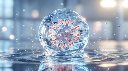 Poster - Microscopic virus cell in water droplet with detailed protein spikes, blue and pink tones, scientific visualization against blurred background with bokeh effect.