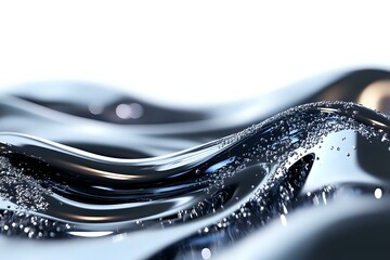 Poster - Dynamic waves of dark liquid with tiny bubbles and droplets creating abstract flowing pattern against light background, macro photography for luxury cosmetics.