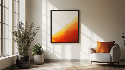 Aufkleber - Warm and inviting living room interior with a large framed abstract art piece in shades of orange and red complemented by natural decor elements like potted plants and vases