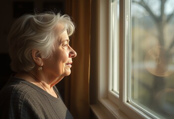 Wall Mural - Elegant elderly individual with short white hair wearing a dark blue sweater over a light pink shirt, sitting indoors by a window with floral-patterned curtains in a serene and contemplative mood