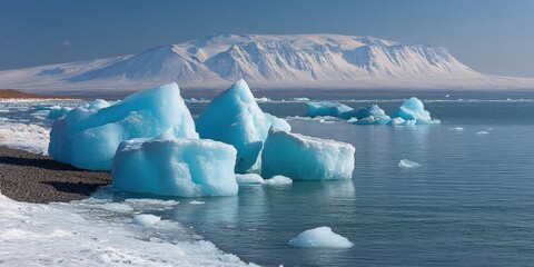 Wall Mural - Majestic Arctic Icebergs and Snow-Capped Mountains in Crystal Clear Waters - Stunning Polar Landscape Photography - Serenity in Nature's Pristine Beauty