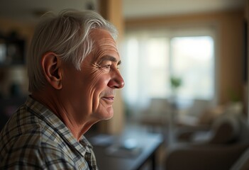 Wall Mural - Elderly individual with white hair wearing a blue and gray plaid shirt sitting indoors with soft light coming through a window creating a cozy atmosphere