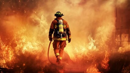 Poster - Firefighter, clad in protective gear and helmet, bravely walking through a raging wildfire, battling fierce flames and thick smoke while carrying a heavy fire hose