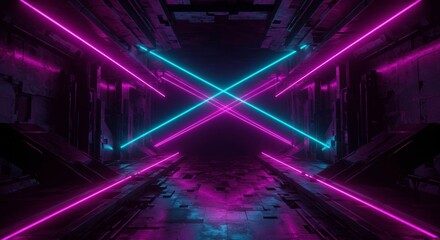 Poster - Neon Crossing: Vibrant pink and cyan neon lights intersect in a dark, futuristic corridor, creating a dynamic and visually striking abstract composition.