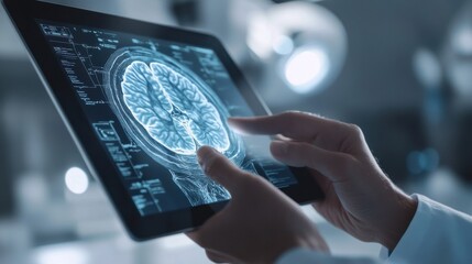 Poster - close up of hands holding a tablet displaying a detailed brain scan, highlighting advancements in me
