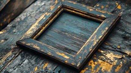 Leinwandbilder - Weathered Vintage Wooden Frame Resting on Distressed Rustic Wooden Surface Background  Grunge Aged Shabby Chic Retro and Antique Style Frame with Textured Cracked and Peeling Surface  Abstract
