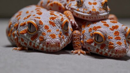 Aufkleber -  Three vibrant orange and white geckos resting closely together on a soft surface.
