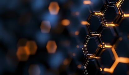 Poster - Glowing hexagonal molecular structure with golden light effects on dark background, abstract science and technology concept for research presentation.
