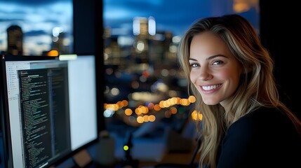 Poster - Young Caucasian female software developer working late at night, smiling at camera with programming code on computer screens and city lights in background through window.