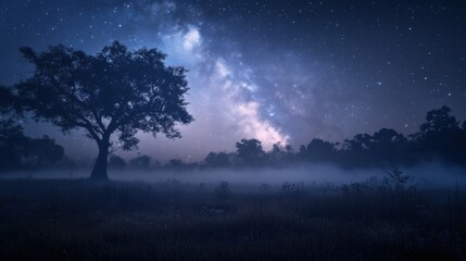 Fog, milky way and nebula in Thailand outback. Beautiful milky way astrophotography background.