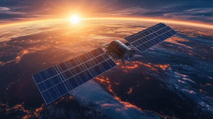 Wall Mural - A satellite is flying through the sky above a planet