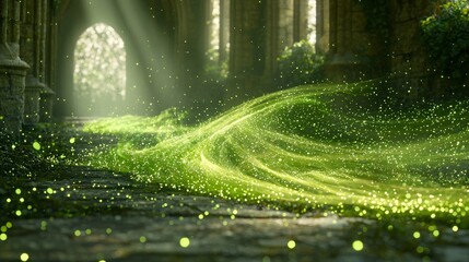 Fototapete - Enchanting Green Glowing Particles Flowing Through Ancient Ruins Fantasy Landscape Digital Art Serene Atmosphere