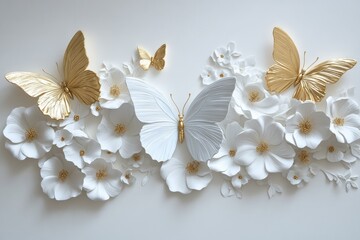 Wall Mural - Three butterflies and flowers on a white background for wall art or invitations