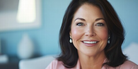 Wall Mural - A woman with a smile on her face is wearing earrings and a pink shirt