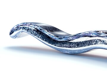Poster - Dynamic wave of sparkling blue water with air bubbles flowing in smooth curved motion against white background, frozen moment in fluid photography.