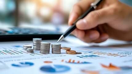 Poster - Stacked coins on financial charts with hand analyzing data, representing business growth, investment strategy and financial planning concept.