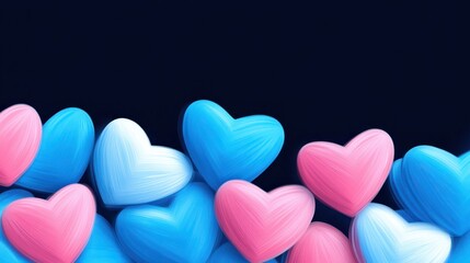 Wall Mural - Brightly colored hearts in shades of blue and pink are arranged together on a dark background. The design conveys love and joy, ideal for various creative projects and celebrations