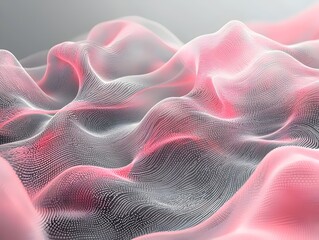 Poster - An abstract representation of flowing waves in soft pink and white colors, creating a serene and dynamic digital landscape that evokes a sense of depth and movement.