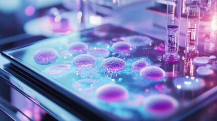 Poster - high tech laboratory setting showcasing illuminated cellular structures on a digital interface, emph