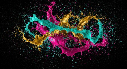 Poster - Dynamic Paint Splash:  A vibrant explosion of teal, gold, and fuchsia paint creates a dynamic, abstract design against a black background. The colors intertwine and splash.