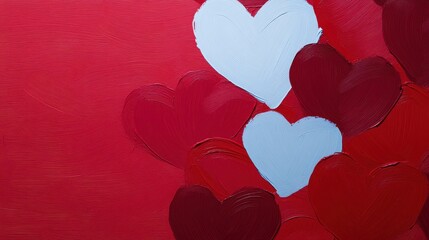 A collection of painted hearts in various shades of red and blue on a vibrant red background conveys a joyful and loving sentiment, ideal for multiple occasions