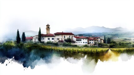 Wall Mural - A painting of a small town with a church and houses