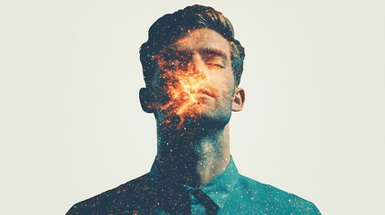 Wall Mural - A surreal image of a man with a fiery burst emanating from his face, symbolizing passion, creativity, and inner thoughts.