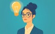 © Itsaree  - Stylized cartoon businesswoman with a light bulb idea above her head, surrounded by office elements, creative and inspiring atmosphere