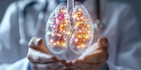 Poster - Glowing anatomical lungs held in medical professional hands against blurred hospital background, depicting respiratory health and pulmonary care concept.
