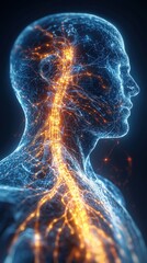 Poster - A glowing human silhouette highlights the nervous system, showcasing intricate neural pathways illuminated in vibrant colors against a dark background.