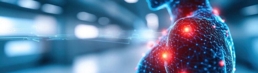 Poster - A futuristic depiction of a human figure illuminated by glowing, colorful nodes, suggesting advanced technology and interconnectedness within the human body.