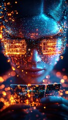 Poster - a futuristic figure wearing illuminated glasses examines digital cards, surrounded by a glowing netw