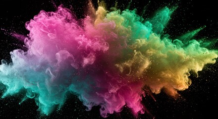 Poster - Vibrant Color Explosion: A mesmerizing burst of vibrant pink, teal, and yellow powder explodes against a stark black background, creating a dynamic and colorful cloud of abstract art.