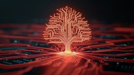 Poster - A glowing tree made of circuit patterns, symbolizing the fusion of nature and technology in a dark, digital landscape.
