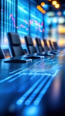 Poster - A sleek conference room with a modern table, surrounded by chairs, and illuminated with colorful financial data visuals.