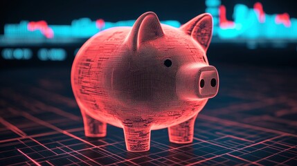 Poster - A digital piggy bank illuminated in neon red against a futuristic grid background, symbolizing finance and technology.