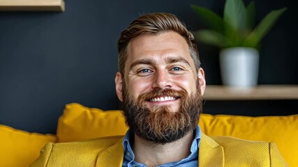Poster - Man with a beard is sitting on a couch with a laptop in front of him. He is smiling and he is enjoying himself