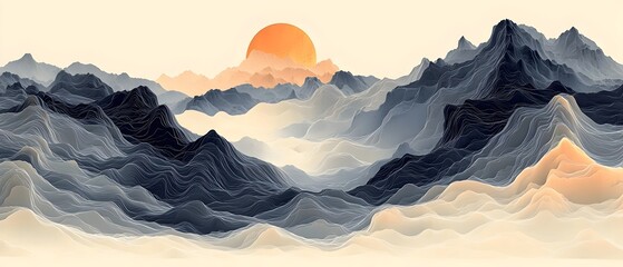 Wall Mural - A serene landscape of stylized mountains in shades of blue and gray with gentle waves and a warm orange sun setting in the background, creating a tranquil atmosphere.