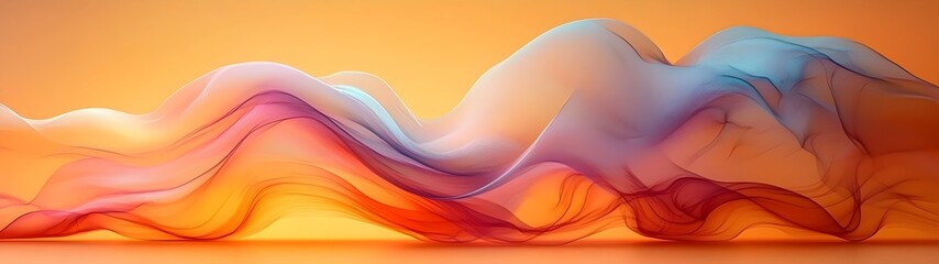 Wall Mural - An ethereal wave of colorful translucent fabric flows gracefully across a warm orange background, blending shades of blue, pink, and purple to create a dreamy atmosphere.