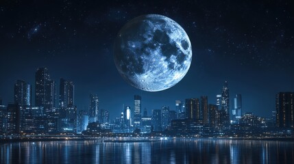 Wall Mural - A large blue moon is in the sky above a city