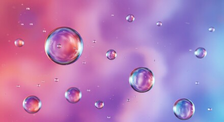 Poster - Water Droplets on Pastel Background: A mesmerizing abstract image featuring numerous water droplets of varying sizes, suspended against a soft, dreamy pastel background of pink and purple hues.