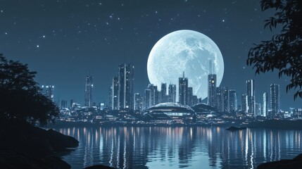 Wall Mural - A large moon is reflected in the water of a city