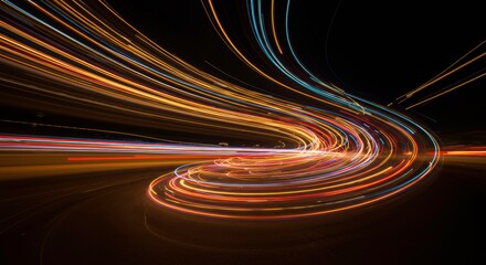 Poster - Light Trails Abstract: A mesmerizing abstract image featuring vibrant, colorful light trails swirling and looping, creating a sense of dynamic motion and energy against a dark background.